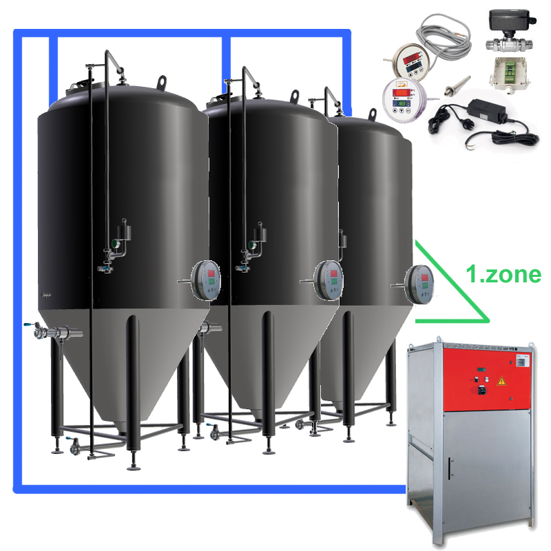 Set CFS con fermentatori di birra e sistema di raffreddamento, controllo della temperatura sui serbatoi per una zona di raffreddamento per fermentatore