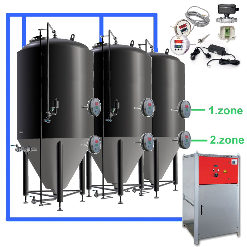 CFS sets with beer fermentors and cooling system, temperature control on the tanks for two cooling zones per fermentor