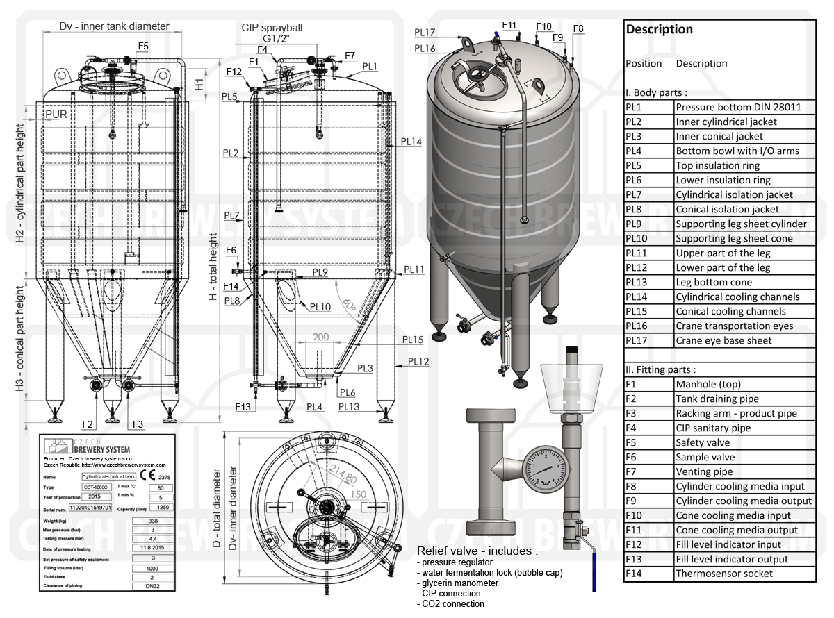 Përshkrimi CCT 1000C 2015 - Lista e Çmimeve: Rezervuarët e fermentimit cilindrik-konik - CCT / CFT