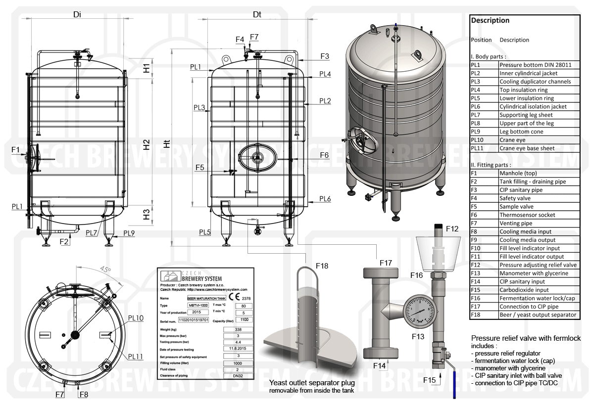 Technical description of the pressure tank for the secondary fermentation of beer or cider, noninsulated horizontal vessel made of steinless steel, cooled with water or glycol