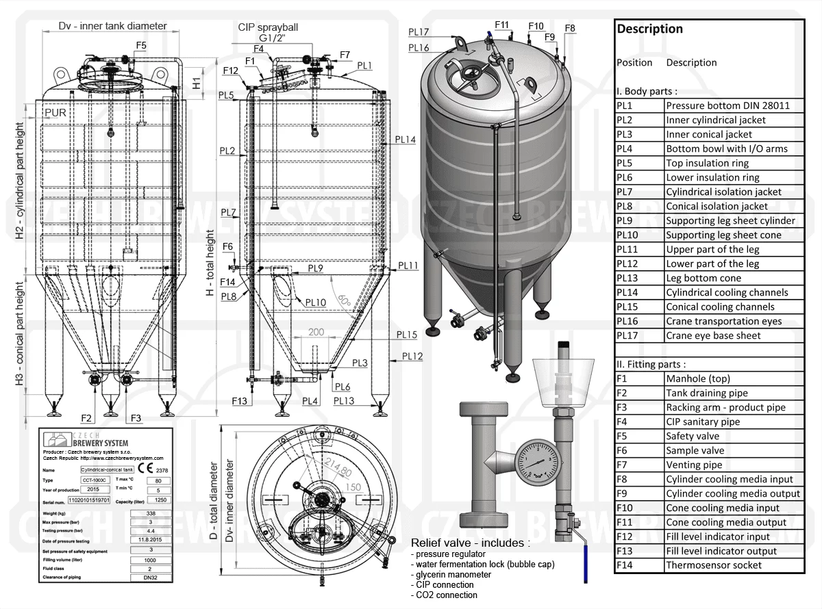Technical description of the pressure cylindrically-conical tank for both the primary and secondary fermentation of beer or cider, noninsulated horizontal vessel made of steinless steel, cooled with water or glycol