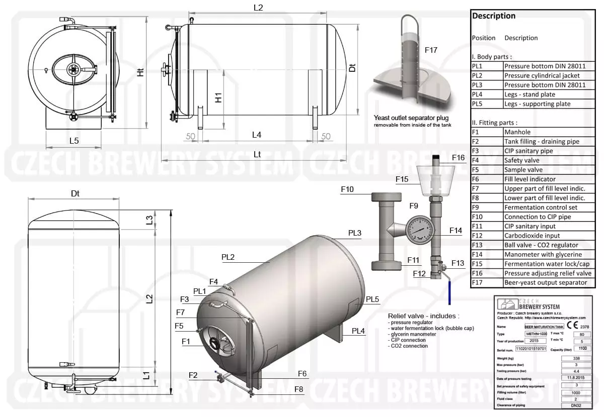 Pressure tank for the secondary fermentation of beer or cider, noninsulated horizontal vessel made of steinless steel.